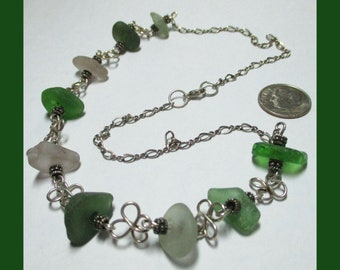 MAINE SEA GLASS Necklace – Pastel Genuine Sea Glass - Four Leaf Clover Wire-wrap Design - Sterling Silver – Made in Maine