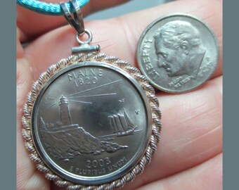 MAINE STERLING PENDANT – State of Maine Coin minted in 2003 – Fancy Rope Frame - Sterling Silver Findings – Made in Maine
