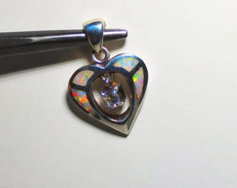 CREATED WHITE OPAL Charm/Pendant – 25 x 17 mm Heart – White Cz – Sterling Silver – 925 – New Old Stock – Vintage circa 1990s