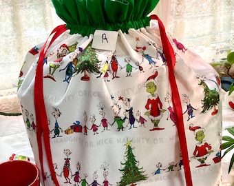 Grinch Gift Bag, Large Reusable Fabric Drawstring Bag