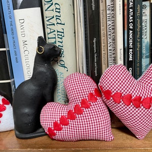 Red and white fabric heart ornaments, Perfect for Valentine&#39;s Day or anniversary, Country core shelf sitters, basket fillers,  Love charms