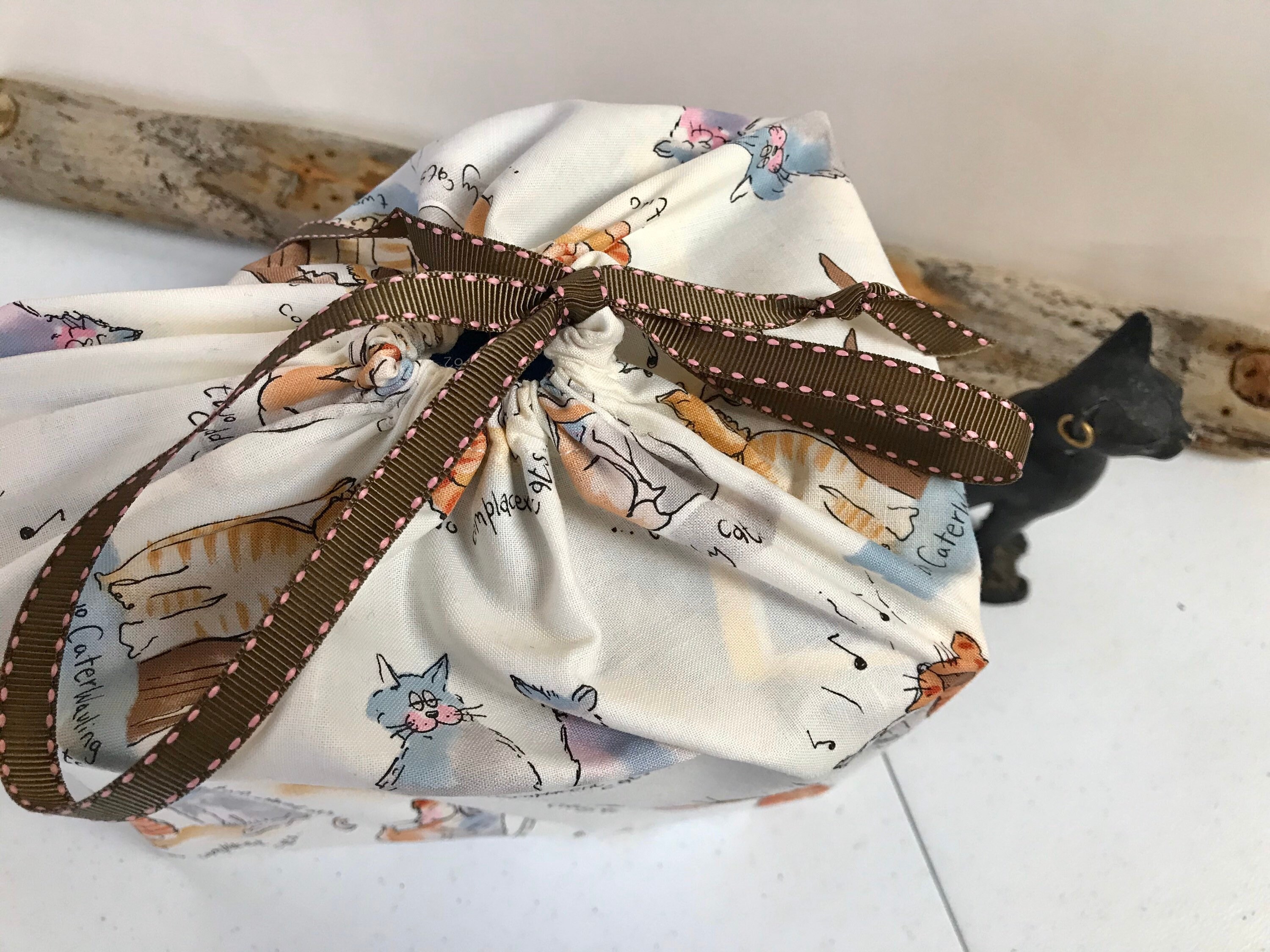 Sac En Tissu Motif Chat Cousu Main - Fourre-tout Beige, Neuf Avec étiquettes, Cadeau De Noël Idéal