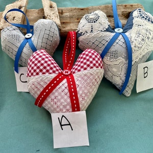 Hanging hearts made from vintage linens + rescued denim, Cottage/country/cabin decor, Mother&#39;s Day, hostess gift, Shelf sitter, Ornament