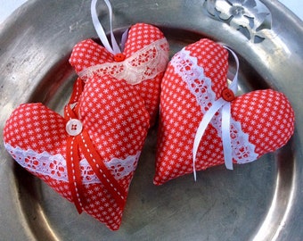 Red and white fabric heart ornaments, Perfect for Valentine's Day, Sweet Christmas ornaments, Package/bottle tags, Country chic, Love charms