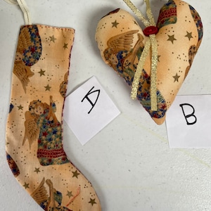 Süßer Engel Strumpf + Herz Ornamente mit selbstgesponnenem Rücken, Retro Weihnachtsdekorationen, handgemachte Landhaus-Kerne, Country Stoffornamente, OOAK!
