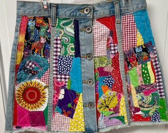 Reworked Denim Skirt, Textile Art Patchwork, Upcycled Jeans