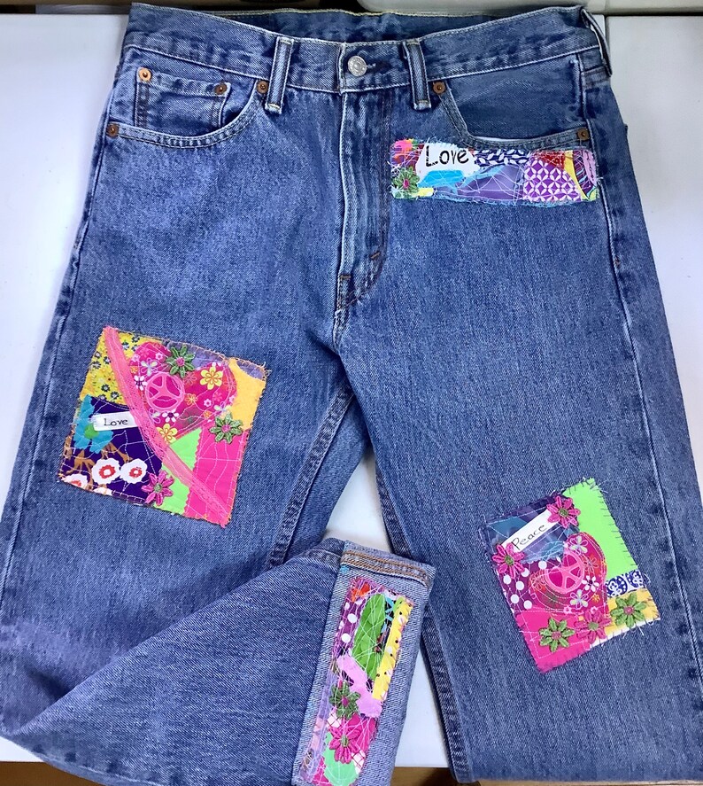 Elegantly Embellished Levi Boyfriend Jeans Hand Stitched Peace Love Elegantly Embellished Levi Boyfriend Jeans Hand Stitched Peace Love