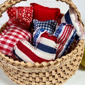 Hand sewn July 4 basket fillers, Patriotic country bowl/tray ornaments, Farmhouse shelf sitters, Rustic, primitive cabin decor, Americana