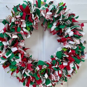 Fabric wreath, Christmas Jubliation!!!   HO HO HO!!! Perfect for Christmas decor -door, wall, or mantle, Hand tied fabric wreath