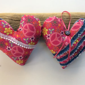 Peaceful hearts!  Ornaments/shelf sitters/door hangers made of throwback fabric + &quot;rescued&quot; denim, Yippee Hippy!! Unique accent pillow