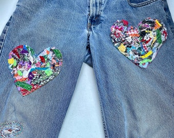 Custom Embellished Denim, Upcycled Patchwork Clothing