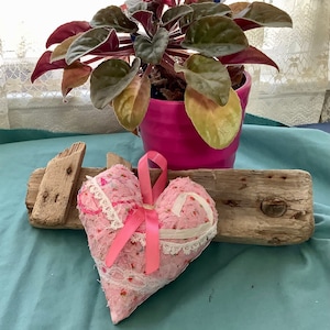 May include: A pink fabric heart with white lace trim and a pink satin ribbon. The heart is sitting on a piece of driftwood with a green plant in a pink pot in the background.