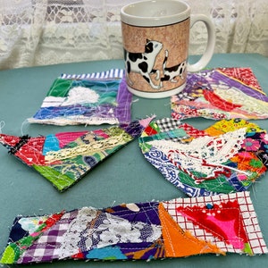 Vibrant textile art pieces, OOAK art quilts, Fabric collage, Ephemera, Embellishments of fabric snippets/crumbs/scraps, Tattered patches,