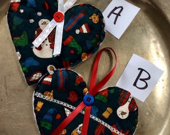 Adorno de corazón de tela hecho a mano, estampado de muñeco de nieve, decoración rústica navideña