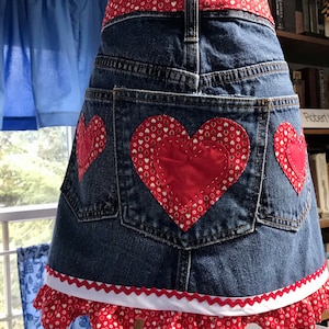 3 pocket denim apron from upcycled jeans, Reworked denim waitress apron, Strawberry and denim apron, Ruffled country apron, Shabby chic