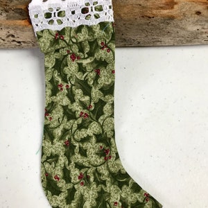 Handmade stocking ornament, Throwback Country Christmas ornament, Vintage fabric stocking with lace, Use for banner/wreath/table decoration