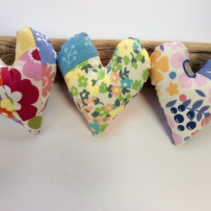 Retro heart ornaments/shelf sitters made of imported fabric, Flower Power Trio! Sixties Hippy Happiness, Mod, throwback fabric, Easter decor