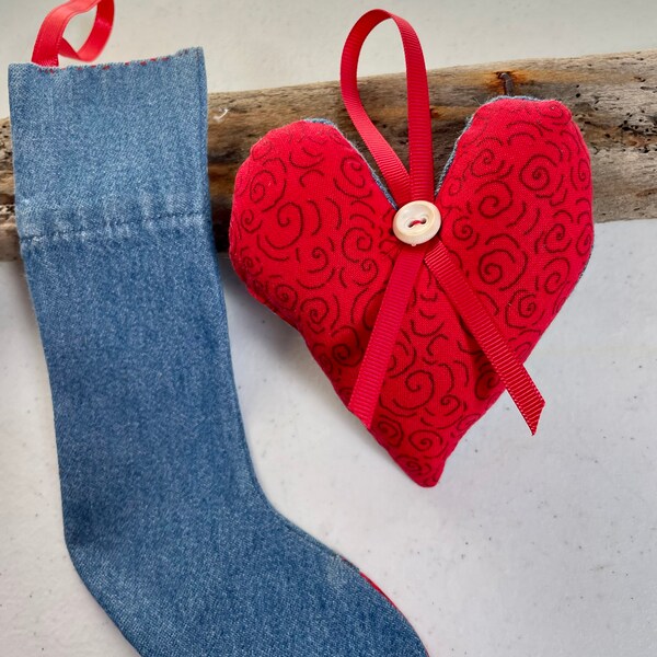 Vintage "rescued" denim stocking + heart ornaments, OOAK handmade cottage core/ country/retro holiday decorations, Perfect for man cave!
