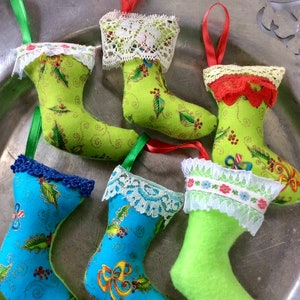 Miniature stocking ornaments, Throwback fabric ornaments, Sweet handmade ornaments, Charming country ornaments, Retro holiday style
