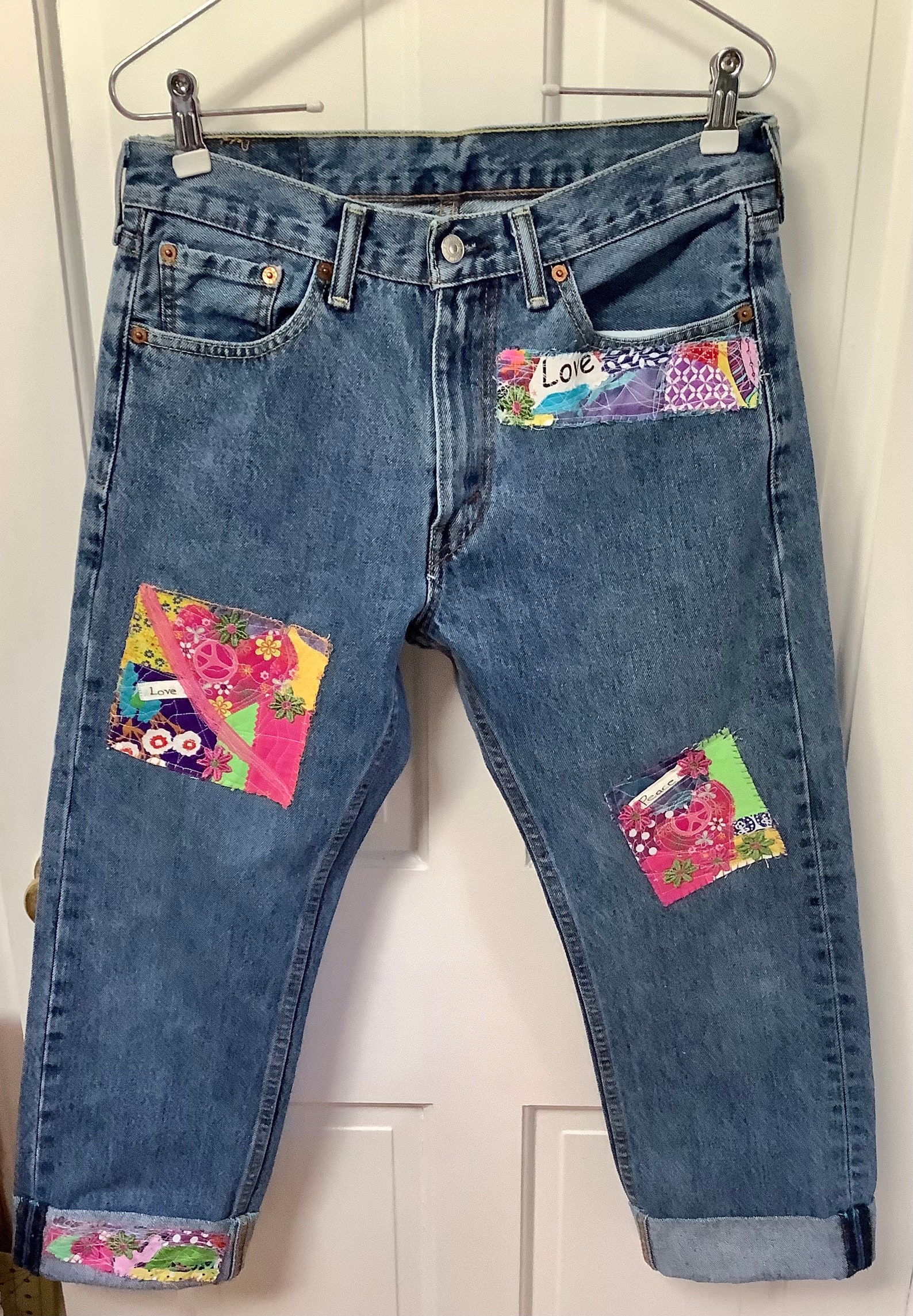 Elegantly Embellished Levi Boyfriend Jeans Hand Stitched Peace Love Elegantly Embellished Levi Boyfriend Jeans Hand Stitched Peace Love