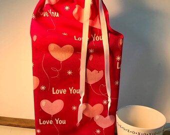Valentine's Day Drawstring Gift Bag, Love You Hearts, Reusable Cotton