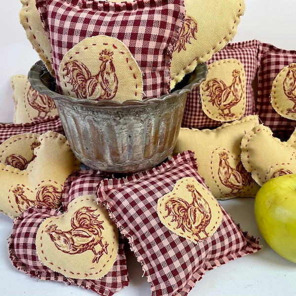 Provence/French country bowl/basket tucks, Hand sewn rooster themed farmhouse shelf sitters/tray fillers, Saffron toile and maroon homespun