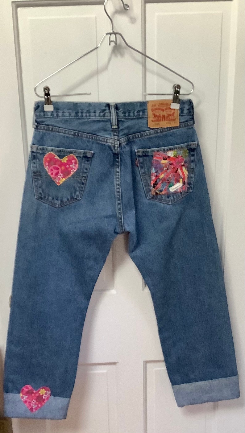Elegantly Embellished Levi Boyfriend Jeans Hand Stitched Peace Love Elegantly Embellished Levi Boyfriend Jeans Hand Stitched Peace Love