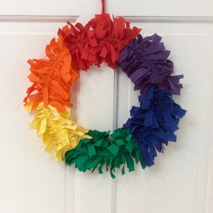 Rainbow rag wreath, LGBTQ Pride,  Cheerful accent for nursery/ playroom, Rainbows over America, Hand tied fabric wreath, Shabby chic