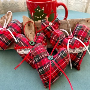 Tartan fabric hearts, Classic Christmas colors, Cheery handmade ornaments, Recycled/Repurposed plaid fabric, Perfect for country Xmas decor