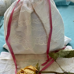Reusable storage bags, Repurposed vintage linens+ lace, Keepsakes/ lingere/toiletires bags, Bridesmaids/wedding shower bags, Green gifting