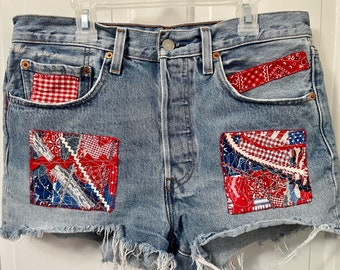 Upcycled Levi's Denim Shorts, Red White Blue Patchwork, Hand Sewn, Size 32