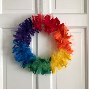 Rainbow rag wreath, LGBTQ Pride, Cheerful accent for nursery/ playroom, Rainbows over America, Hand tied fabric wreath, Shabby chic