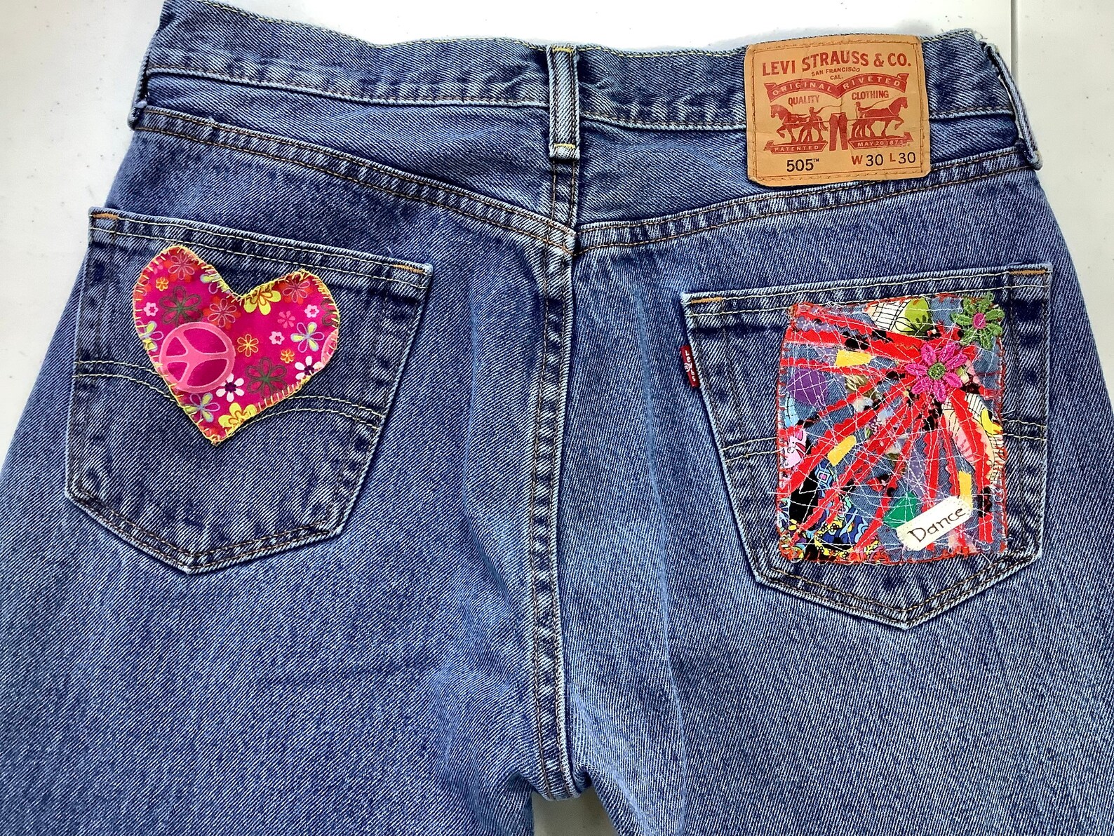 Elegantly Embellished Levi Boyfriend Jeans Hand Stitched Peace Love Elegantly Embellished Levi Boyfriend Jeans Hand Stitched Peace Love