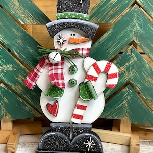 Candy Cane Snowman Shelf Sitter,Standing Snowman, Christmas Decor, Snowman Christmas Decor, Hand painted Wooden Shelf Sitter, Snowman Decor