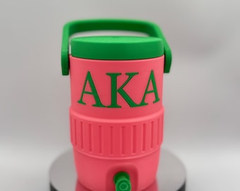 Può includere: Un refrigeratore d'acqua rosa e verde con le lettere "AKA" in verde. Il refrigeratore ha una maniglia e un coperchio verdi e un rubinetto vicino al fondo. Il refrigeratore è appoggiato su una superficie nera e argentata.