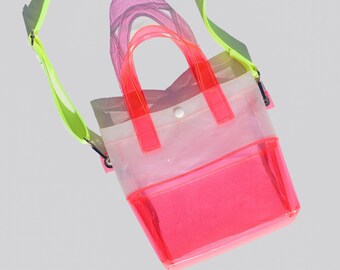 Pink & White Vinyl Handle Bag | Neon Handbag | PVC Shoulder  display picture 1