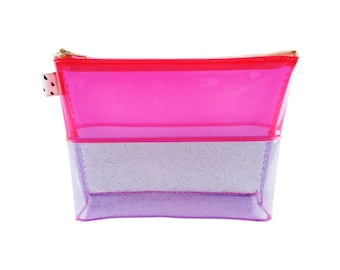 Pink & Purple Glitter Flat-Bottom Vinyl Pouch | Neon Jelly Pouch | PVC Pouch | Plastic Zipper Pouch