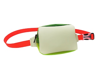 Cream & Yellow Vegan Faux Leather/Vinyl Fanny Pack w/ Neon Orange Strap | Neon Fanny Pack | PVC Bum Bag