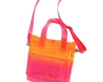 Pink & Orange Vinyl Handle Bag | Neon Handbag | PVC Shoulder Bag | Plastic Purse