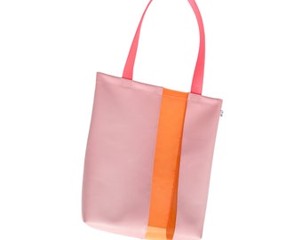 Pink & Orange Vegan Faux Leather/Vinyl Stripe Tote Bag | Neon Tote Bag | PVC Shoulder Bag | Plastic Tote