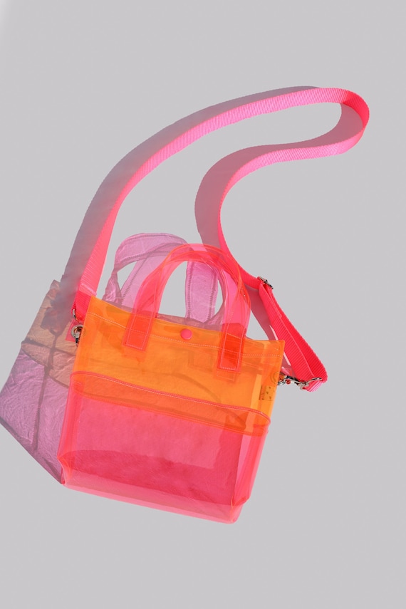 Neon Pink Letter Print Clear Shoulder Tote Bag With Inner Pouch