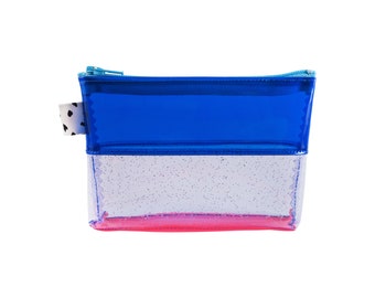Blue & Purple Glitter Mini Flat-Bottom Vinyl Pouch | Neon Jelly Pouch | PVC Pouch | Plastic Zipper Pouch