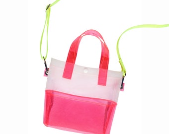Pink & White Vinyl Handle Bag | Neon Handbag | PVC Shoulder Bag | Plastic Purse
