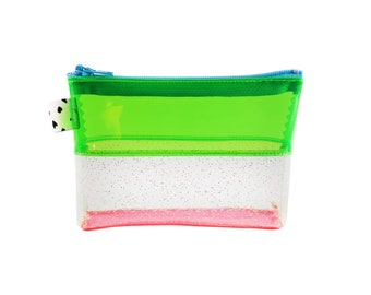 Green & Glitter Mini Flat-Bottom Vinyl Pouch | Neon Jelly Pouch | PVC Pouch | Plastic Zipper Pouch