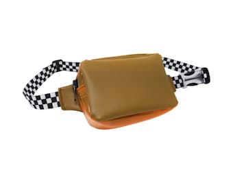 Brown & Orange Vegan Faux Leather/Vinyl Fanny Pack w/ Checkered Strap | Neon Fanny Pack | PVC Bum Bag