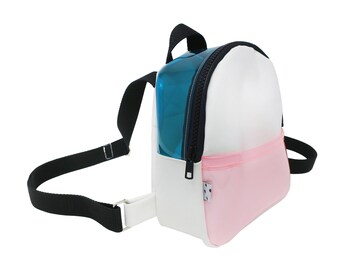 White + Light Pink + Teal Mini Backpack | Vegan Faux Leather/Vinyl Backpack w/ Checkered Strap | PVC Backpack