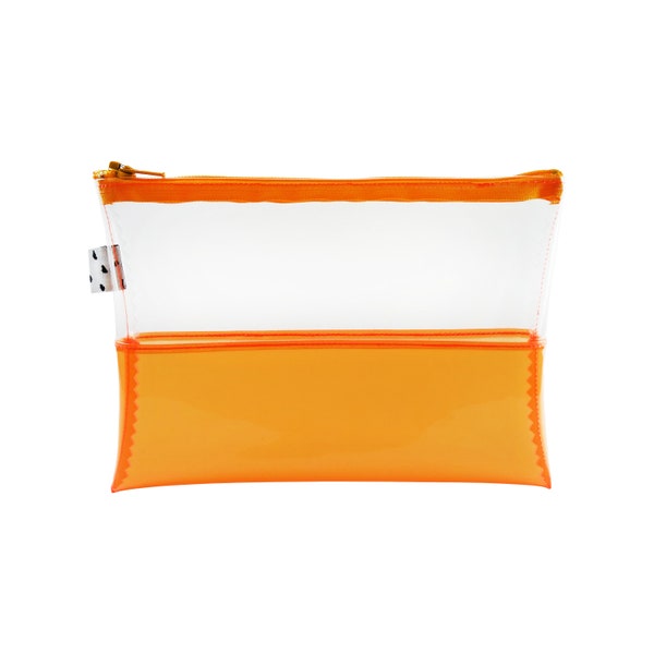 Pochette en vinyle transparent et orange | Pochette pour gelée néon | Pochette en PVC | Pochette en plastique à fermeture éclair