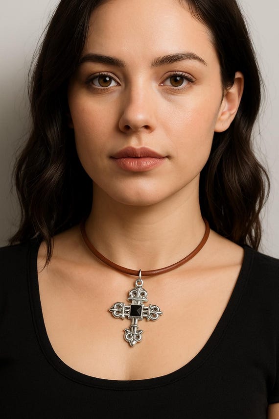 Black Leather Choker with Ornate Silver Cross Pendant Gothic Vegan Leather Heart Choker, Ornate Cross Necklace - Etsy main image 2