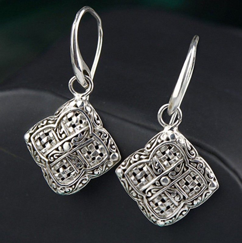 Antique Silver Square Earrings Sterling Silver Hollow Carved Earrings Dangle Filigree Earrings