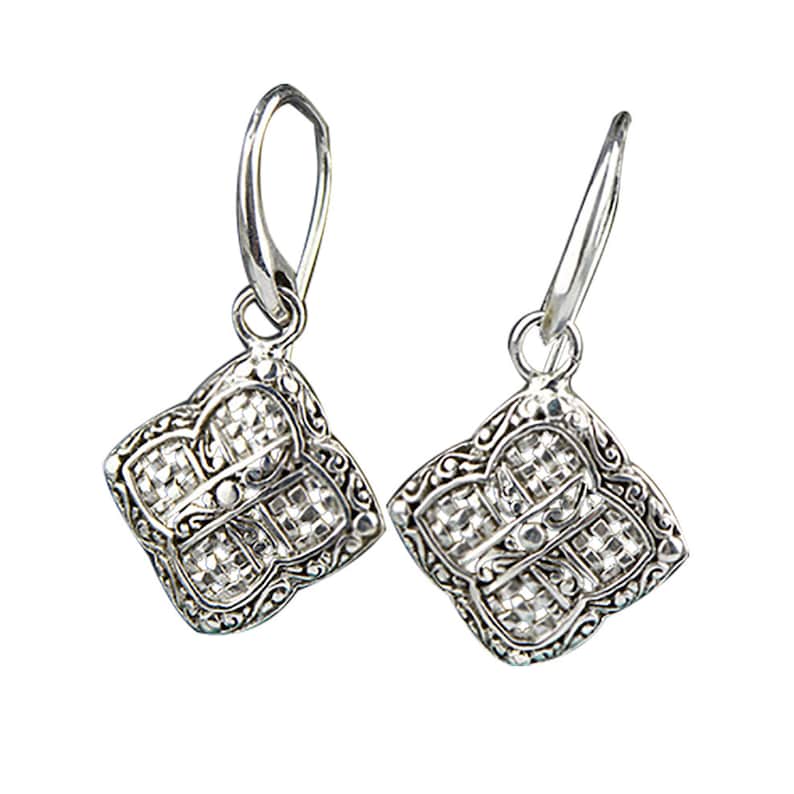 Antique Silver Square Earrings Sterling Silver Hollow Carved Earrings Dangle Filigree Earrings